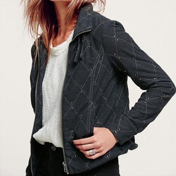 FREE People S Moto Jacket Blue‎ Knit Studded Diamond Full Zip Grunge Punk - Picture 1 of 16